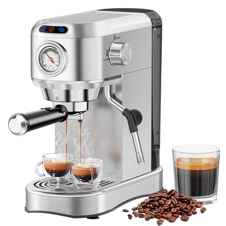 20 Bar Pump Espresso Machine, Stainless Steel, with Steam Milk Frother, 34oz Removable Tank, for Latte & Cappuccino (Silver)