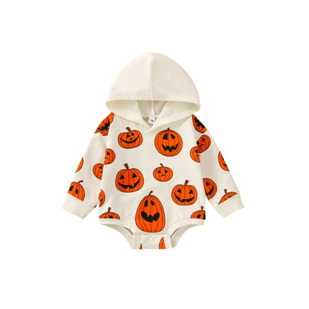 

Bagilaanoe Toddler Baby Girl Boy Halloween Romper Sweatshirt Long Sleeve Hooded Bodysuit Pumpkin Print Loose Pullover 3M 6M 12M 18M 24M 3T Kids Casual Tee Tops