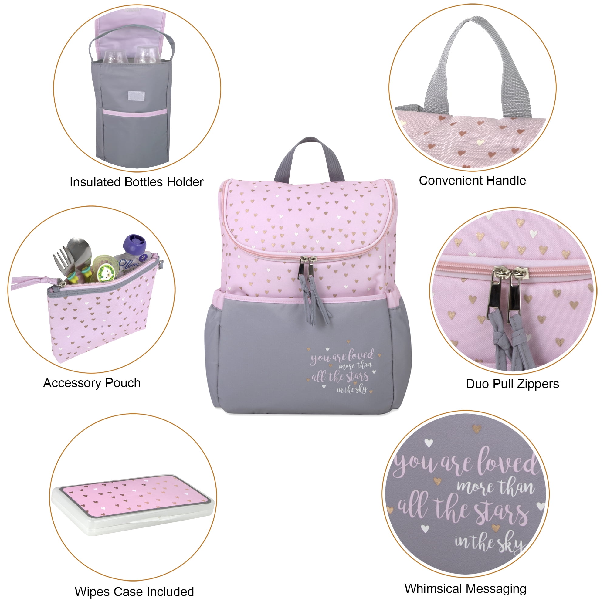 Baby Essentials 15.5”L 5 Piece Multi-Pocket Diaper Bag Backpack with Matching Changing Pad, Wipes Case, Insulated Bottle Bag & Organizer Pouch for Newborns, Infants & Toddlers in Pink & Gray Hearts