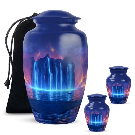 Yatskia Blue Waterfall Little Cremation Urn for Ashes Adult Mom and Dad, Large Funeral Burial Urns for Human Ashes Adult, (Classic 10 Inch and 3 Inch)