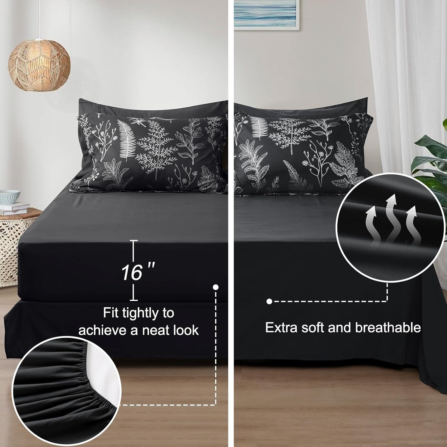 PHF 7 Pieces Printed Queen Comforter Set, Lightweight Reversible Botanical Bedding Set Include Comforter, Pillow Shams, Flat Sheet, Fitted Sheet and Pillowcases, Black