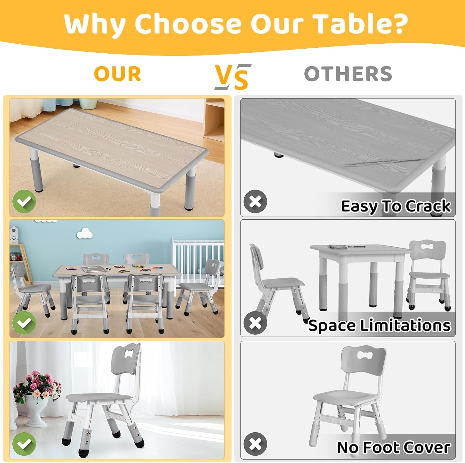 Pirecart Kids Table and 6 Chairs Set Height Adjustable Kids Craft and Play Table for Ages 2-10, Gray