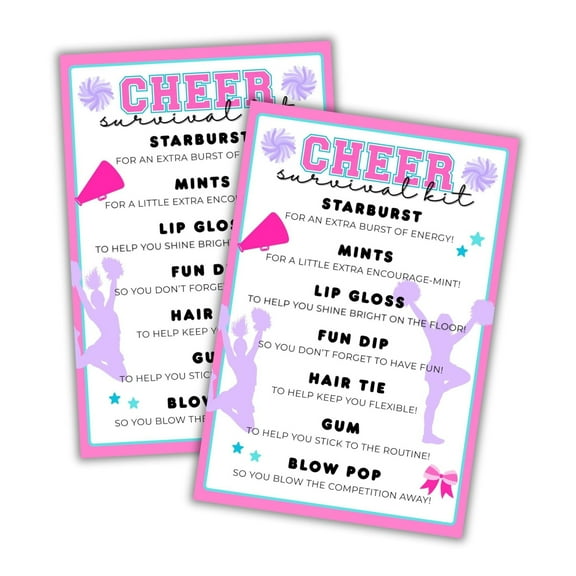 Cheer Team Survival Kit Cards 30pk 4x6 List Tag Labels Emergency Welcome Back Travel Dance Competitive Girls Printables for Coaches Goodie Bags