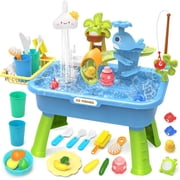 21" H Play Sink with Running Water, 4-in-1 Kids Kitchen Sink Toy with Electric Faucet, Mini Water Table with Detachable Legs, Fishing Game, Pretend Play Dishwasher Gift Set for Boys & Girls(Blue)