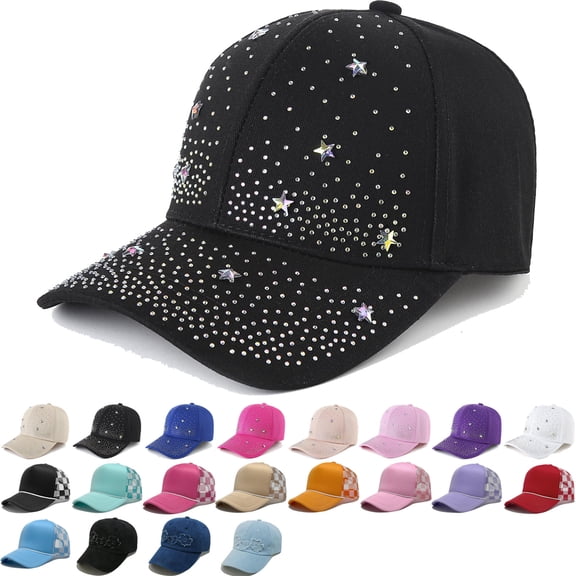 Dgankt Womens Hats Women's Solid Rhinestone Star Embellished Baseball Caps - Cotton Dad Hats for Night Outs, Music Festivals, Concert Nights & Casual Outings M