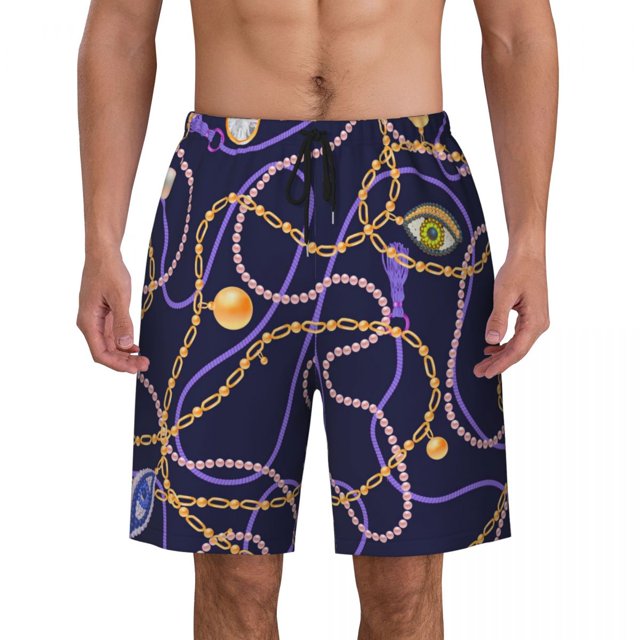 Bathing Suit Gold Chains Board Shorts Summer Beads Print Y2K Retro Beach Shorts Men's Design Quick Drying Swim Trunks