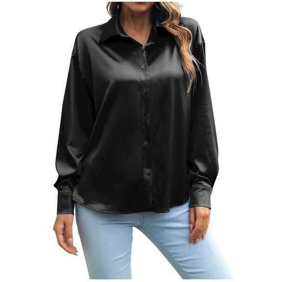 XFLWAM Women's Satin Silk Long Sleeve Button Down Shirt Formal Work Blouse Top Black S