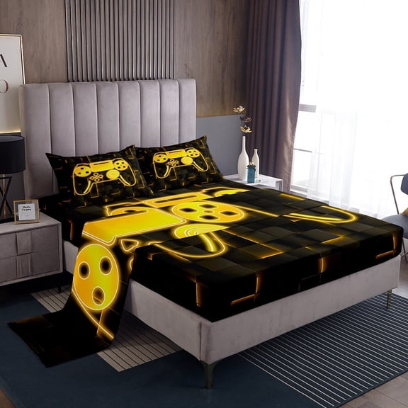 Erosebridal Video Game Sheet Set Twin,Black Golden Bedding Sets Twin Size,Futuristic Cubes Twin Sheet Sets,Microfiber Gamepads Room Decorative,3pcs