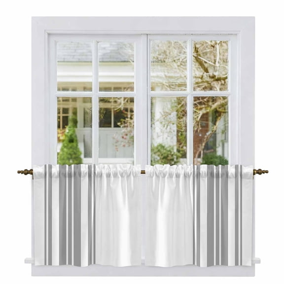 Grey Striped Tier Curtains, Modern White Striped Abstract Art Aesthetics Light Filtering Kitchen Curtains, 2Pcs Rod Pocket Half Window Treatments Panels for Sink Cafe Cabinet Camper 27.5x24 Inches