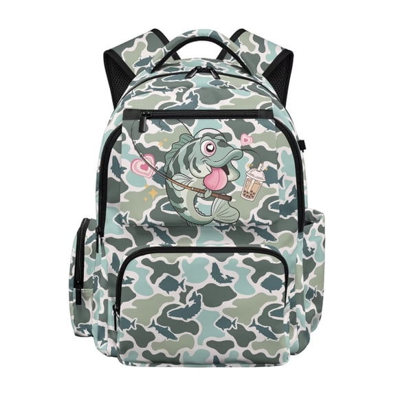 Aplkyhs Green Camo Fish Summer Backpack Lightweight School Bag for Age 9-12 Water Repellent Bookbag for Kids