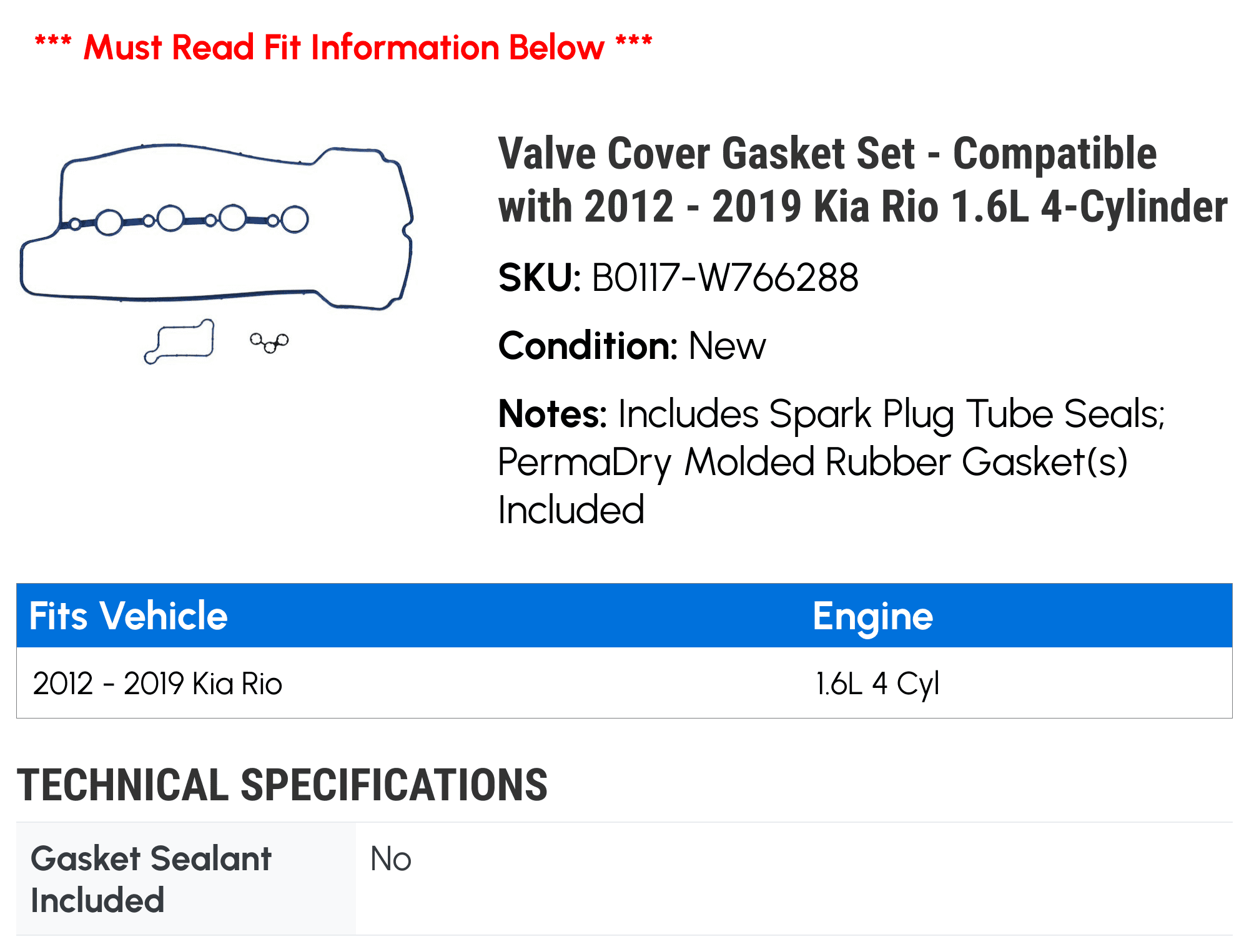 Valve Cover Gasket Set - Compatible with 2012 - 2019 Kia Rio 1.6L 4-Cylinder 2013 2014 2015 2016 2017 2018