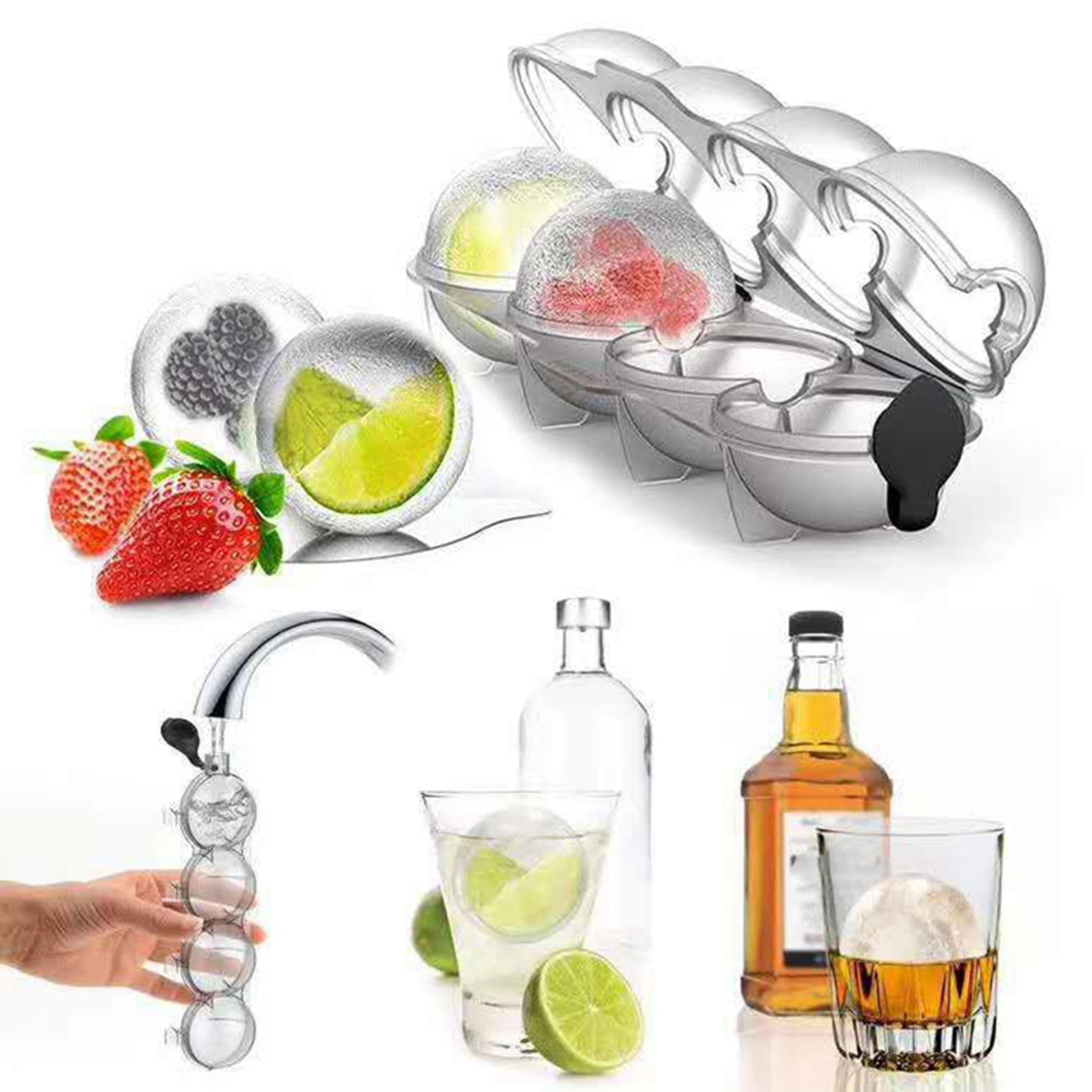 4 Pieces Whiskey Cocktail Ice Cube Tray 4 Large Mold Plastic Ice Ball Maker ZH 