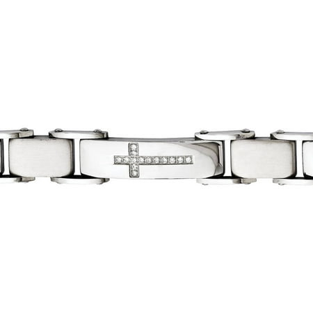 Primal Steel CZ Stainless Steel Polished and Brushed Cross Bracelet, 8.5