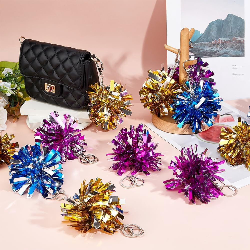 24Pcs 3 Colors Cheer Pom Pom Keychain Foil Cheerleader Keyring PE Cheerleading Keychain Cheer Keychain for Girls Women Cheer Bag Jewelry Accessories Cheer Camp Gifts