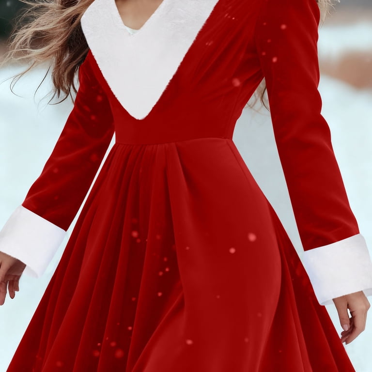 QSAWXQZ Christmas Dress for Women Velvet Long Sleeve V Neck Santa Outfit A Line Swing Dress Red M, Women's, Size: Medium