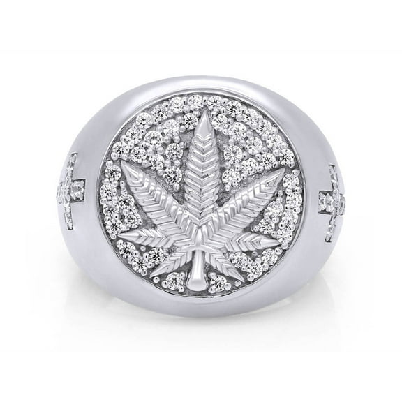 Round Cut White Cubic Zirconia Cannabis Leaf Marijuana Mens Ring In 14K White Gold Plated 925 Sterling Silver (Color: White, Clarity: VVS1-VVS2) -4