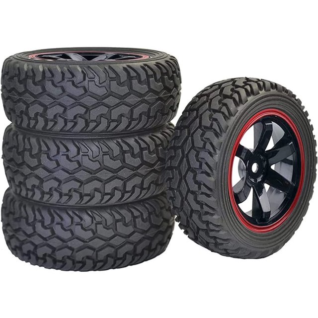 LINLIN 4 piezas 1:10 Rally Car Llantas de plástico de 6 radios y neumáticos de goma de 75 mm compatibles con RC On Road Car HSP 94123 HPI Kyosho Tamiya a escala 1/10
