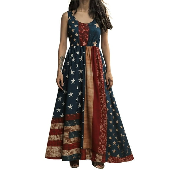 Women's Independence Day Patch Art Line Dress Floral Flag Maxi Dresses