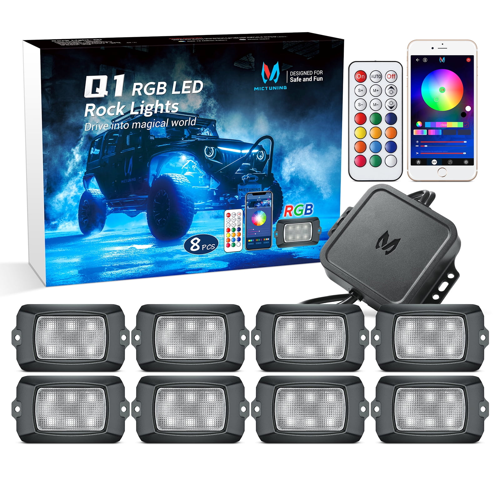 8pods Neon Lights RGB LED Rock Lights Kits Multi-Color Cell Phone Control Bluetooth Controller Waterproof Cars Truck SUV Replacement fit for Jeep Vehicle Boat Interior with Timing Music Mode 