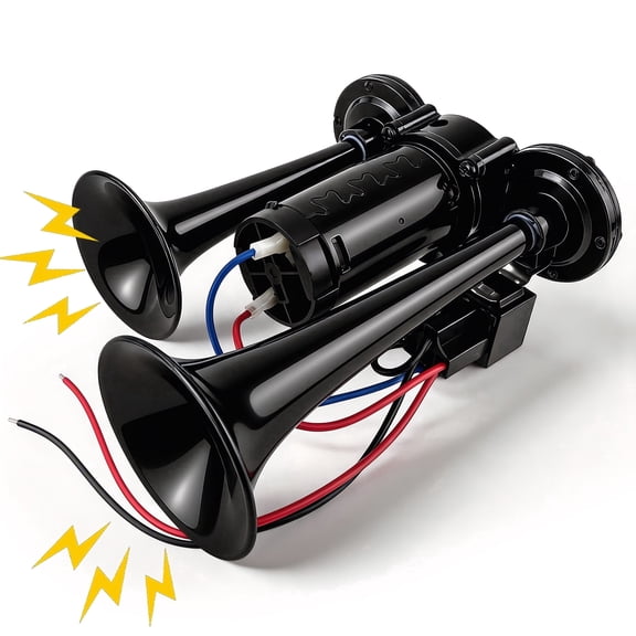 12V 135 dB Super Loud Air Horn with Compressor, Dual Trumpet Kit for Truck, SUV, Tractor and Motorcycle, IPX5 Waterproof, Black