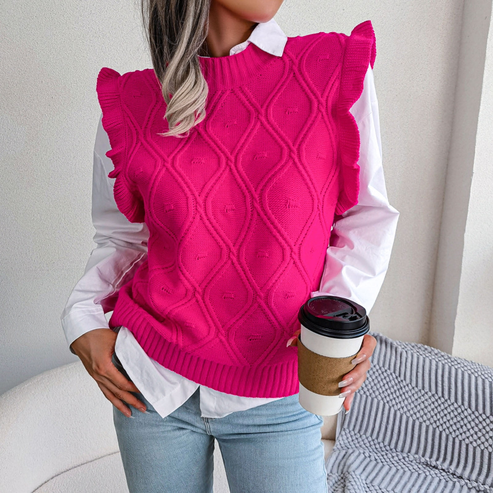 VSSSJ Women's Cute Ruffle Sleeve Rhombus Knitted Sweater