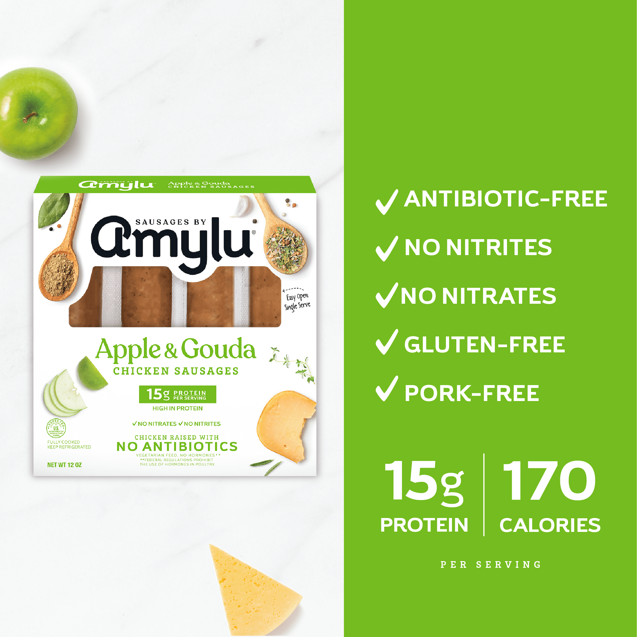 Amylu Foods Apple & Gouda Chicken Sausages, 12oz, 4 Count, Refrigerated