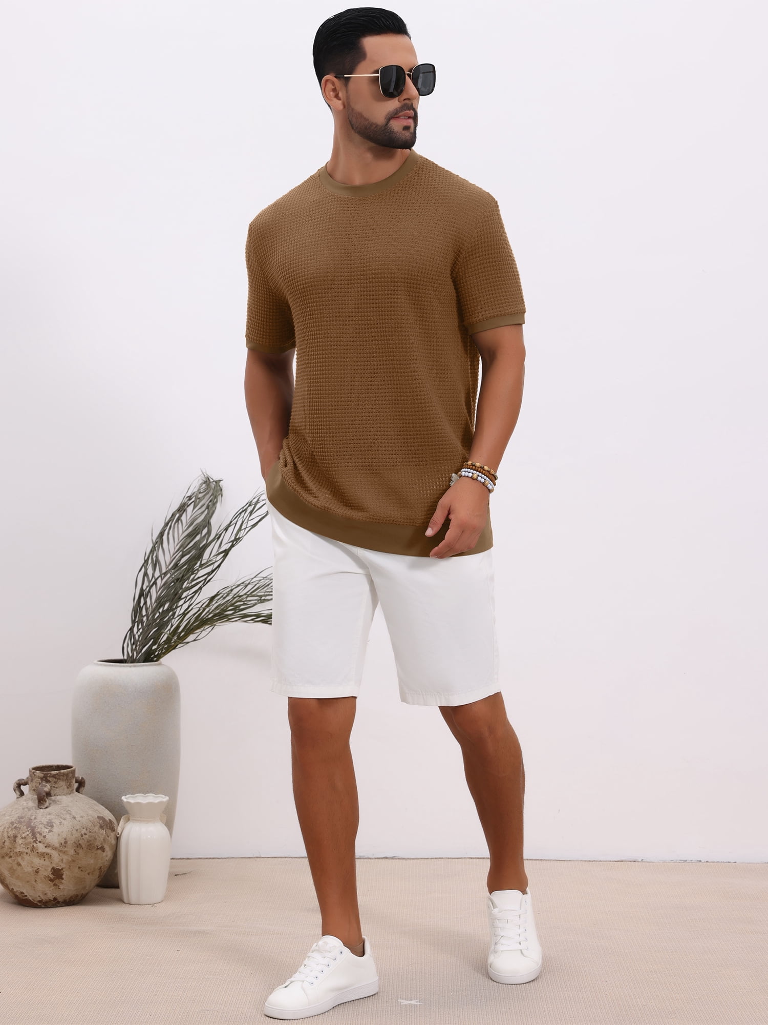 DARING DIVA Men's Waffle Short Sleeve Crew Neck Solid Knitted T-Shirt S Brown