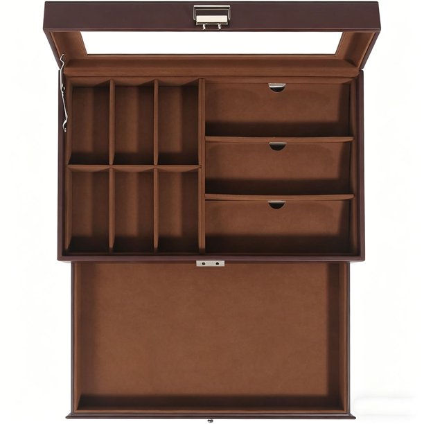Caja Organizadora de Relojes y Joyas, Estuche con Ranuras y Capas con Tapa de Vidrio, Estuche de Relojes con Cerradura, Caja Exhibidora de Relojes, Regalo