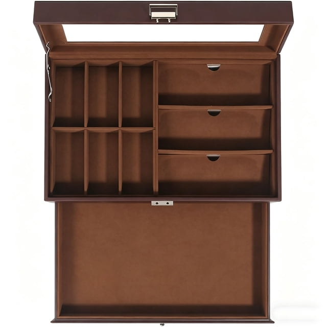 Caja Organizadora de Relojes y Joyas, Estuche con Ranuras y Capas con Tapa de Vidrio, Estuche de Relojes con Cerradura, Caja Exhibidora de Relojes, Regalo