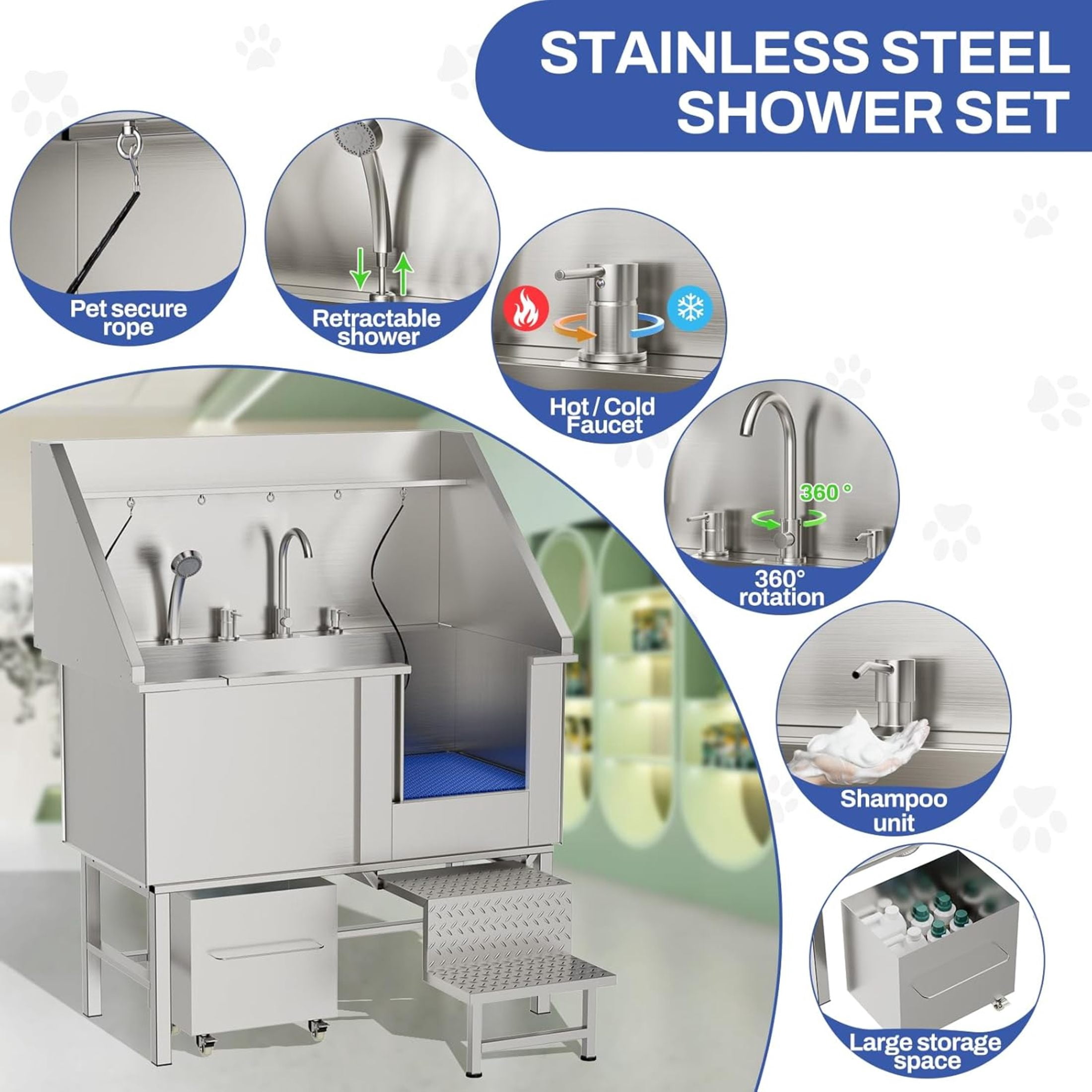 Noble House 50" Stainless Steel Dog Washing Station, Pet Grooming Tub with Ramp, Shower Head & Storage Rack, Silver