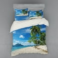 thumbnail image 2 of Landscape Duvet Cover Set, Exotic Botanic Island near Seashore Palms Mountains Clear Open Sky Photo, Bedding Set with Shams and Fitted Sheet, 3 Sizes, by Ambesonne, 2 of 3