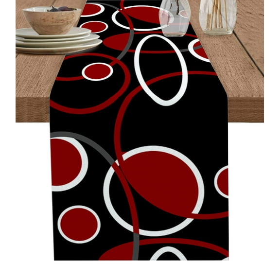 Table Runner Dresser Scarf 18 x 72 Inch Geometric Red and White Round Line Black Texture Table Runners Non-Slip Heat Kitchen Dining Table Decor for Kitchen Farmhouse Indoor Outdoor Home Party