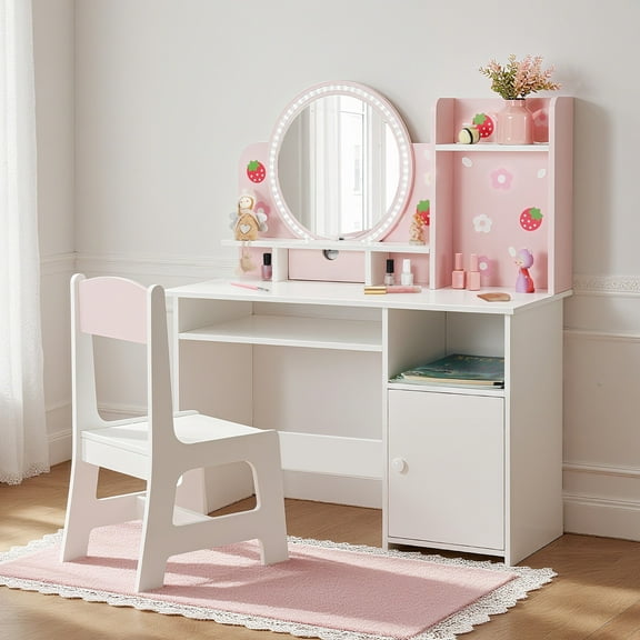 JOYLDIAS 2 IN 1 Kids Vanity Pink Girls Makeup Vanity Dressing Table Desk and Chair Set with light, Bookshelf, Storage Cabinet, Shelves