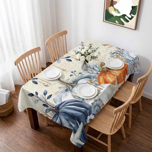 Blue Pumpkins Fall Table Cloth Waterproof Tablecloths, Thanksgiving Leaves Farmhouse Tablecloth Dining Table Cover for Kitchen Party Tabletop Outdoor, Rectangle Tablecloth 52x70 Inch