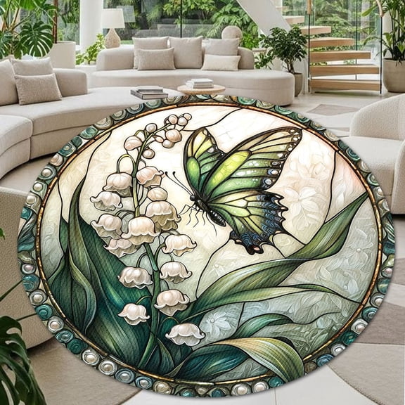 Round Area Rug, Lily of the Valley Butterfly Non-Slip Floor Mat, Soft Washable Carpet for Living Room Bedroom Decor 24 Inch