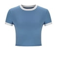 thumbnail image 6 of Olyvenn Fashion Womens Crop T Shirts Short Sleeves Crewneck Tops Fashion Color Block Slim Comfy Tees Fitness Basic Tee Shirts Light Blue L, 6 of 7