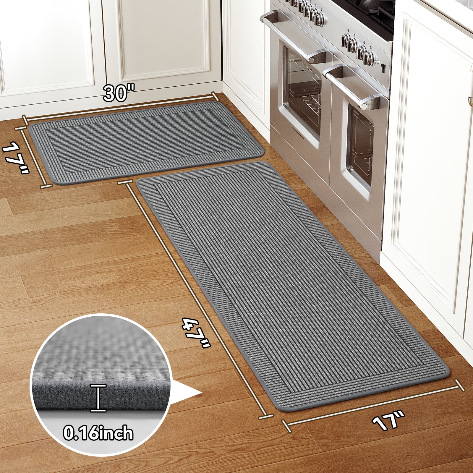 QiCaiJia Kitchen Rugs Set of 2, 17''x30''+17''x47'' Gray Kitchen Mats for Floor, Washable Non Slip Absorbent Kitchen Mat, Braided Kitchen Runner Rug, Kitchen Sink Rug