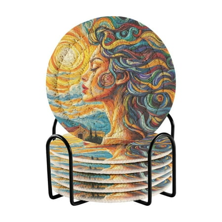

6-Pack Polyester Coil Coasters with Holder - Heat-Resistant (140℃) Non-Slip & Durable，A Oil Painting Girl