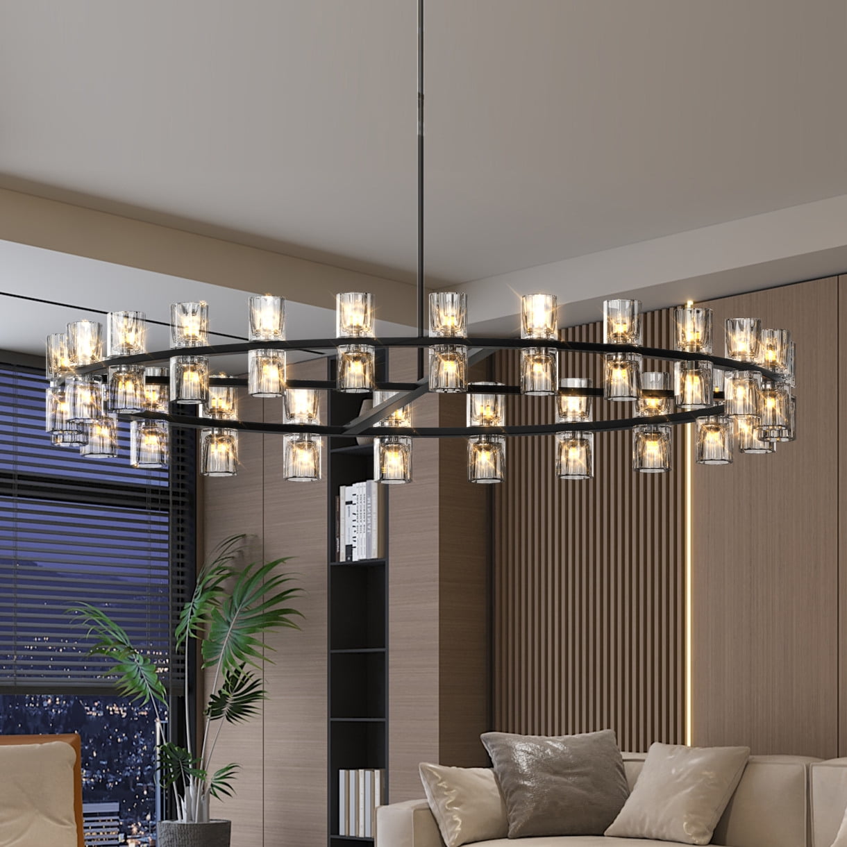 48-Inch Luxury Crystal Chandelier with Dual Ring LED Lighting for Living Room & Dining Room Decor Energy Efficient Included Bulbs Easy Installation Black