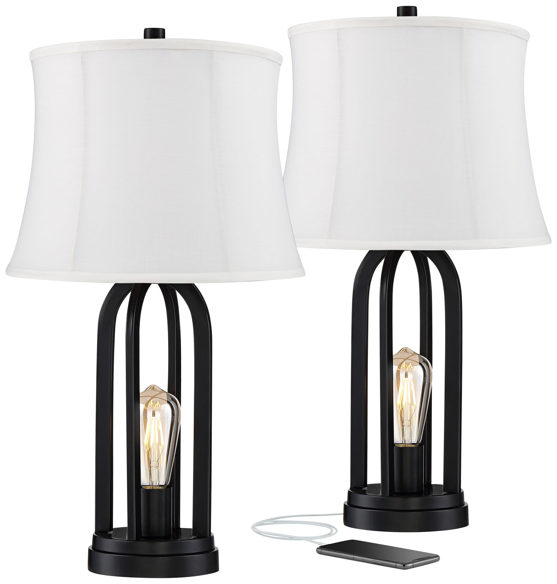 360 Lighting Industrial Table Lamps Set of 2 with USB Charging Port and