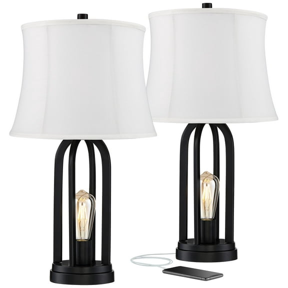 360 Lighting Marcel Industrial Table Lamps 24 1/4" High Set of 2 Black with USB Charging Port and Nightlight LED Cream Shade for Bedroom Bedside Desk