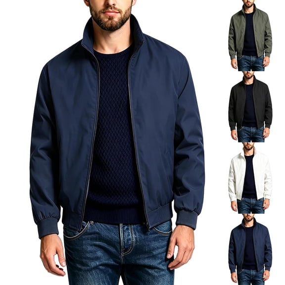 SGFCWSX Men's Lightweight Jacket Regular Fit Stand Collar Full Zip Lightweight Business Casual Jackets with Pockets Navy Size XL