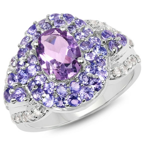 Genuine Oval Amethyst and Tanzanite Ring in Sterling Silver - Size 8.00