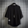 thumbnail image 2 of XIAONU Mens Solid Color Tees Oversized Fit Curved Hem Half Sleeve Side Label Shirts Breathable Casual Daily Street Tops, 2 of 5