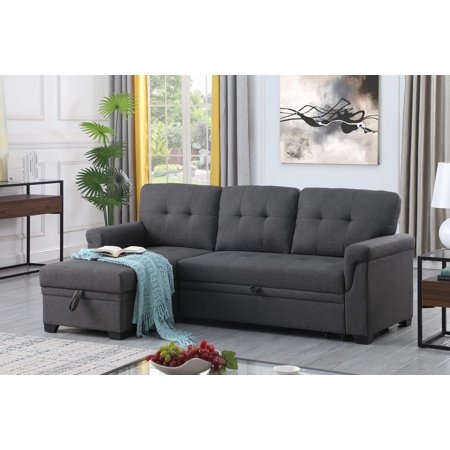 Lucca 84' Dark Gray Linen Reversible Sleeper Sectional Sofa with Storage Chaise