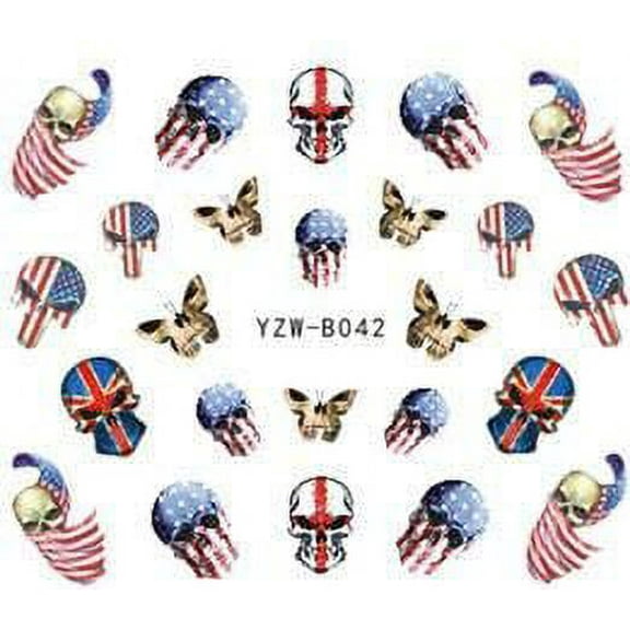 Rocoo Art Full Set of Punk Gothic Rockabilly SKULL Butterfly American Flag Nail Wrap Decals Sticker Salon Quality Nail Art - Great for Halloween! 1 Sheet
