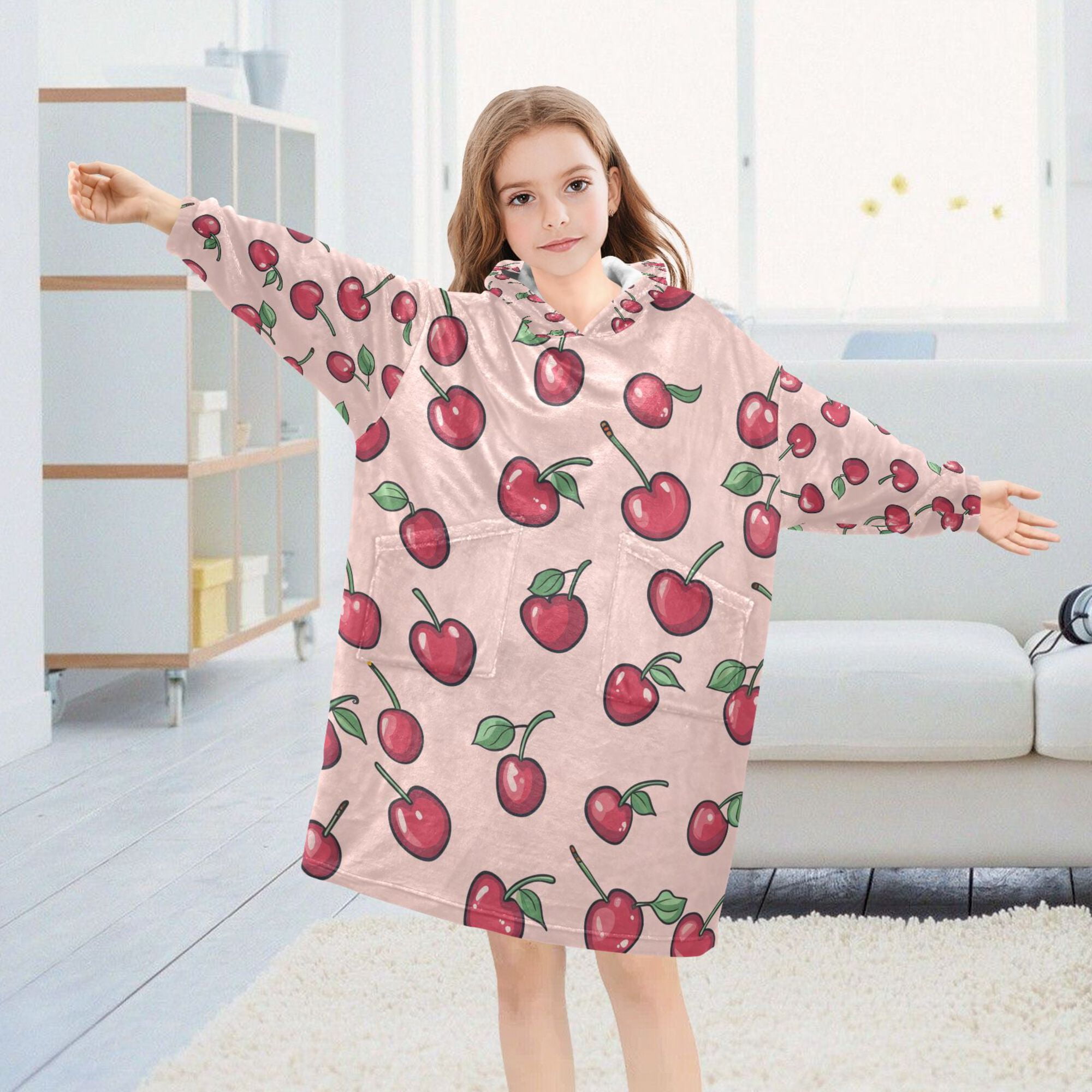 FORMRS Wearable Blanket Hoodie with Sleeves for Kids Cozy Flannel Sweatshirt, Cherries Pattern