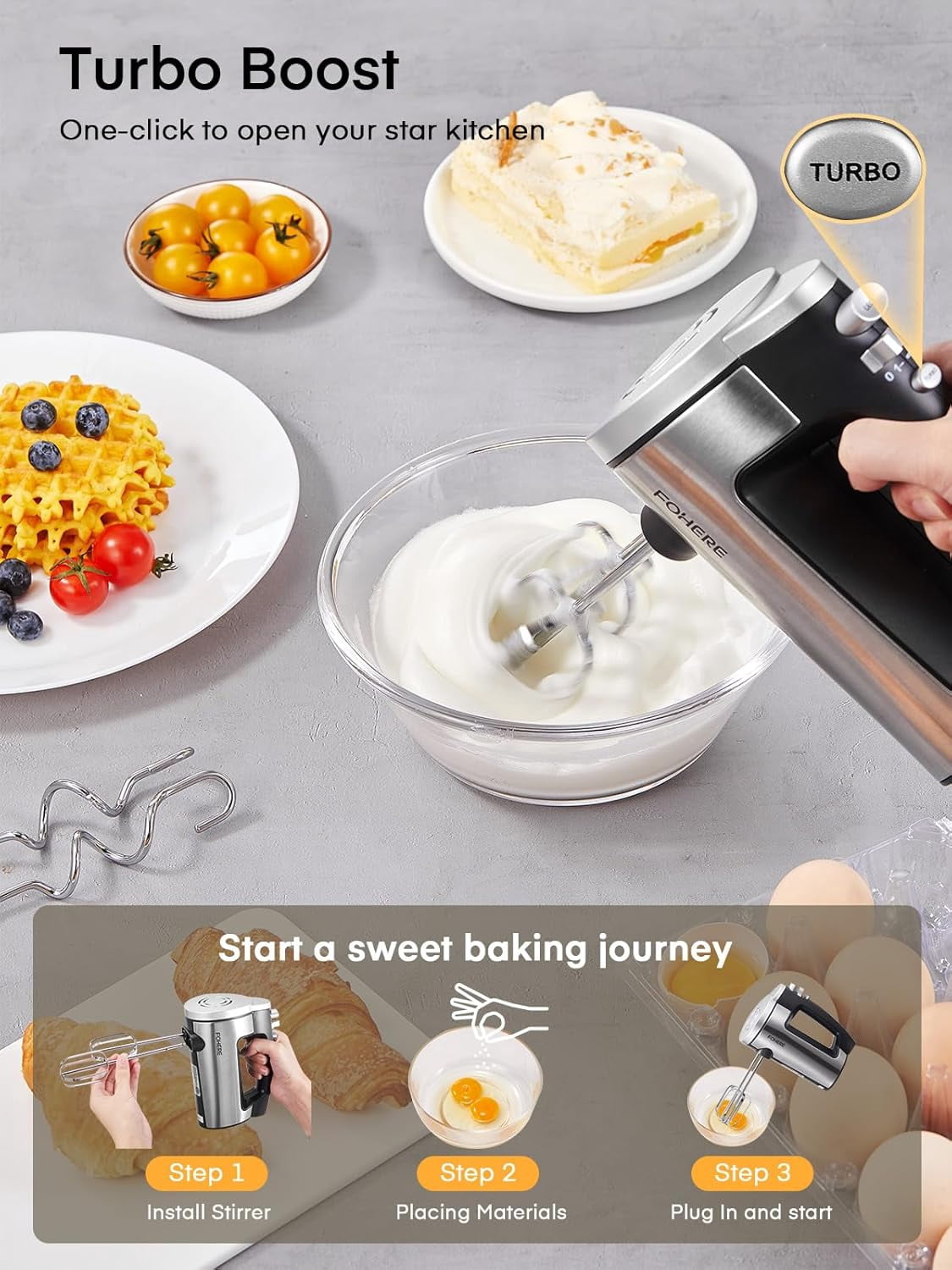 Hand Mixer Electric Handheld, 6 Speed & Turbo Mixer, 300W Handheld with 2 Stainless Steel Whisk and Dough Hook for Whipping, Mixing Cookies, Brownie, Cakes, Batters, Silver