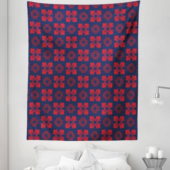 Retro Tapestry, Geometric Flower Patterns with Classic Victorian Rococo Baroque Influences, Fabric Wall Hanging Decor for Bedroom Living Room Dorm, 5 Sizes, Indigo and Vermilion, by Ambesonne