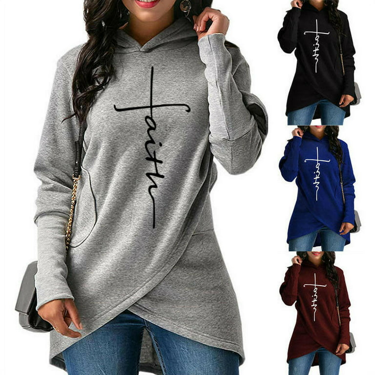 Ladies Hoodie Women's Sweatshirt Faith Print Long Sleeve Jumper Top T shirt#